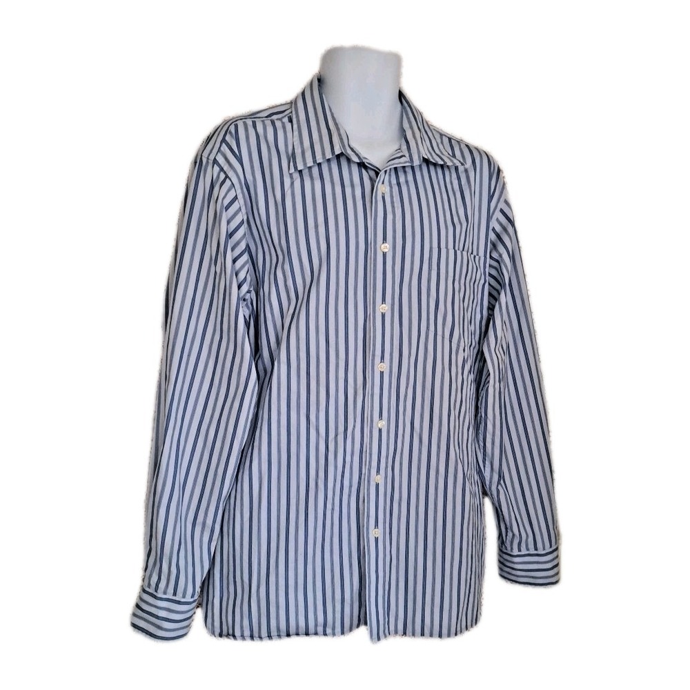 Gap Dress Shirt Men's 17-17.5 Blue Striped Classic Fit Long Sleeve Pocket Career